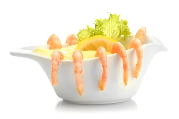 Boiled shrimp with sauce, lettuce leaf and lemon, isolated on white — Stock Photo, Image