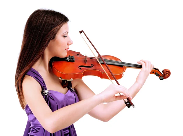 Bella ragazza con violino, isolata su bianco — Foto Stock