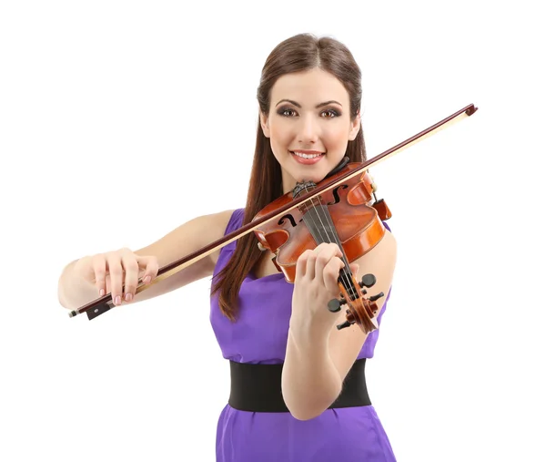 Hermosa joven con violín, aislada en blanco — Foto de Stock