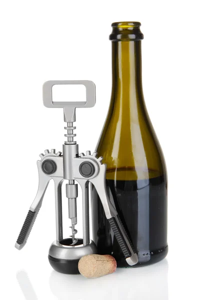 コルクせん抜きと白で隔離されるワインの瓶 — ストック写真