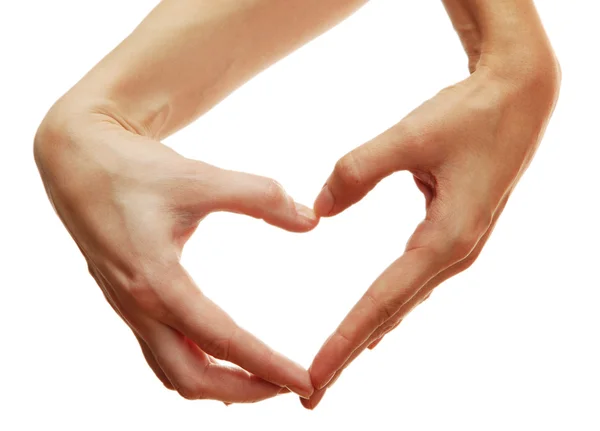 Duas mãos formam uma forma de coração, isolado em branco — Fotografia de Stock