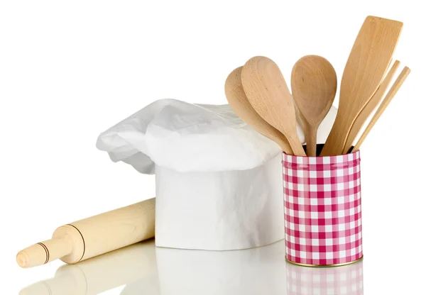 Šéfkuchařské čepice s lžíce a battledore izolované na bílém — Stock fotografie