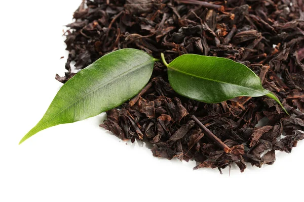 Dry black tea with green leaves, isolated on white — Stock Photo, Image