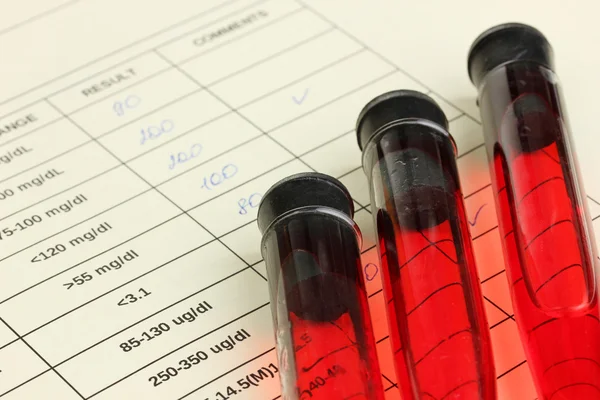 Sangue nos tubos de ensaio e resultados de perto — Fotografia de Stock
