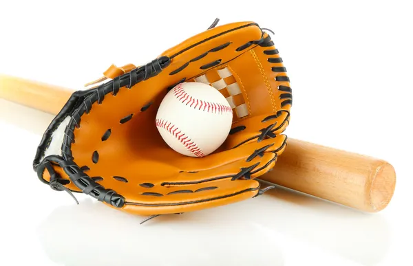 Бейсбольная перчатка, летучая мышь и мяч изолированы на белом — стоковое фото