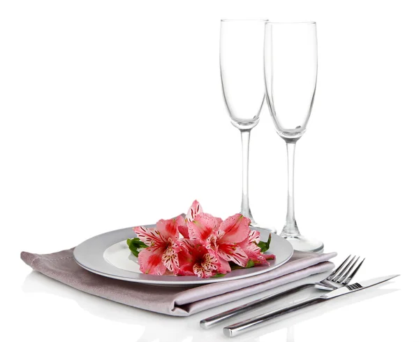 Festive table setting with flowers isolated on white — Stock Photo, Image