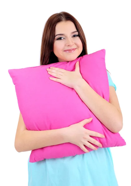 Beautiful young girl with pillow isolated on white — Stock Photo, Image