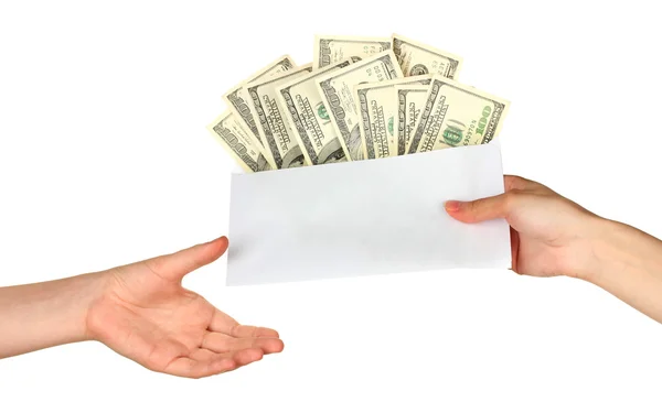 Woman's hand passes the envelope with the salary on white background — Stock Photo, Image