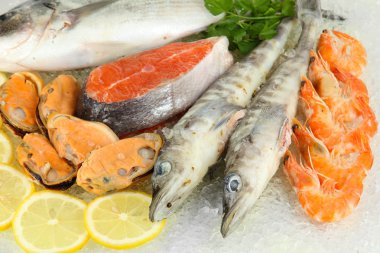 buz üstünde taze deniz ürünleri