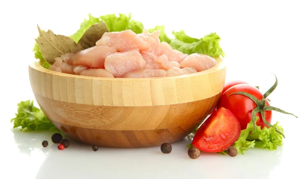 Raw chicken meat in wooden bowl, isolated on white — Stock Photo, Image