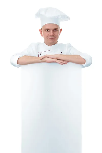 Porträtt av kock med Tom kartong isolerad på vit — Stockfoto