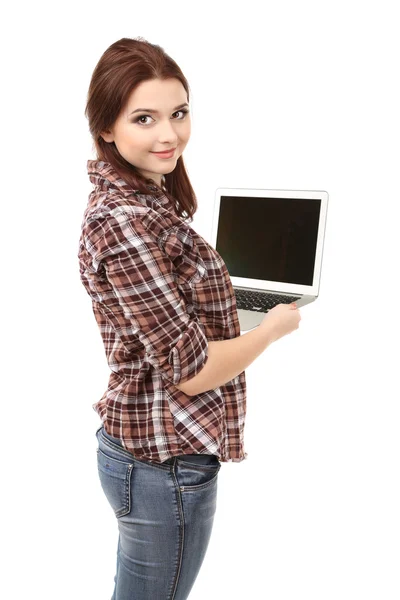 Beautiful young woman with laptop isolated on white — Stock Photo, Image