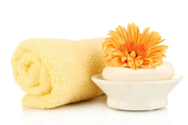Walcowane ręczniki, mydła i piękny kwiat na białym tle — Zdjęcie stockowe