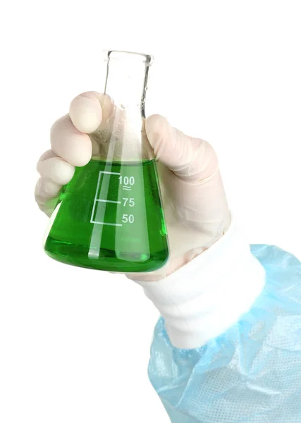 Glasrör med vätska i vetenskapsman hand under medicinska test isolerad på vit — Stockfoto