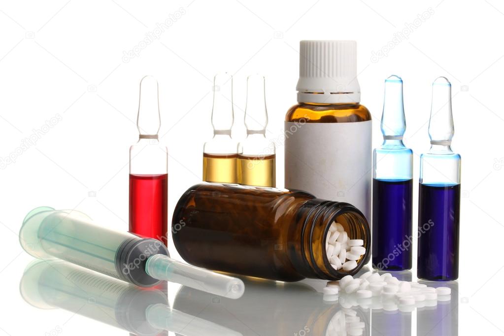 medical ampules, bottles and syringes, isolated on white