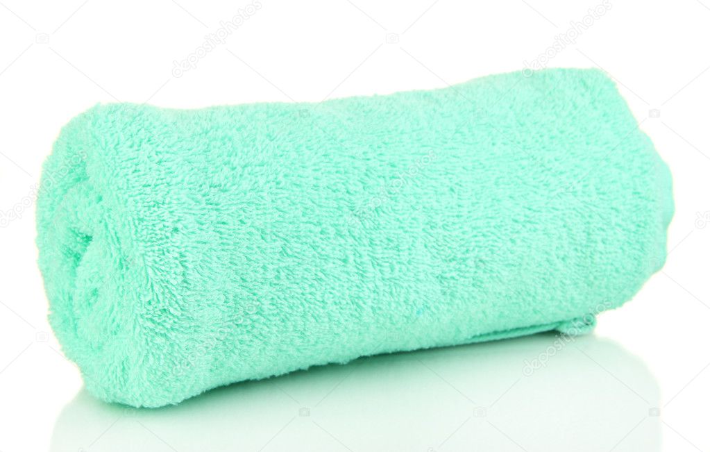 Rolled up turquoise towel isolated on white