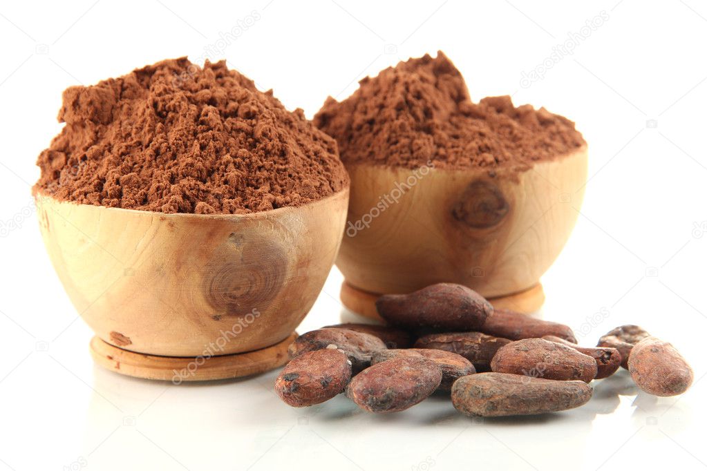 Cocoa powder in wooden bowls, isolated on white