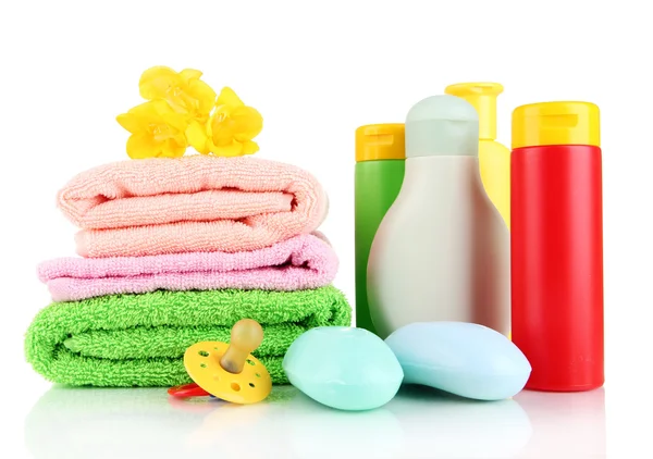 Baby cosmetics, towels and soap, isolated on white — Stock Photo, Image