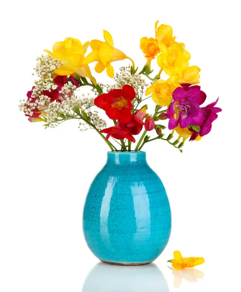 Bellissimo bouquet di fresia in vaso blu isolato su bianco — Foto Stock