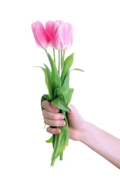 Hermoso ramo de tulipanes rosados en la mano del hombre, aislado en blanco —  Fotos de Stock