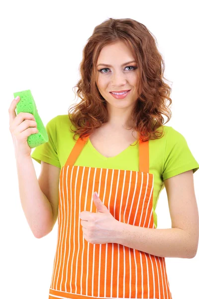 Young housewife with sponge, isolated on white — Stock Photo, Image