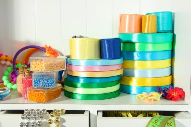 Beautiful white shelves with thread and material for handicrafts