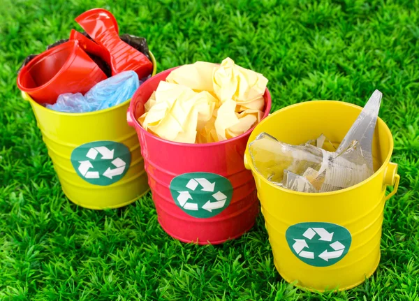 Recycling bins on green grass — Stock Photo, Image