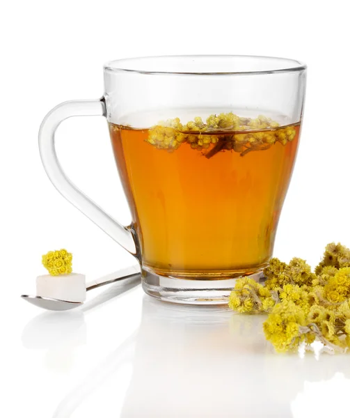 En kopp te med EVIGHETSBLOMMA isolerad på vit — Stockfoto