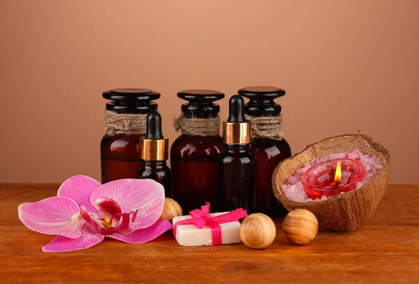 Ingredients for soap making on brown background — Stock Photo, Image