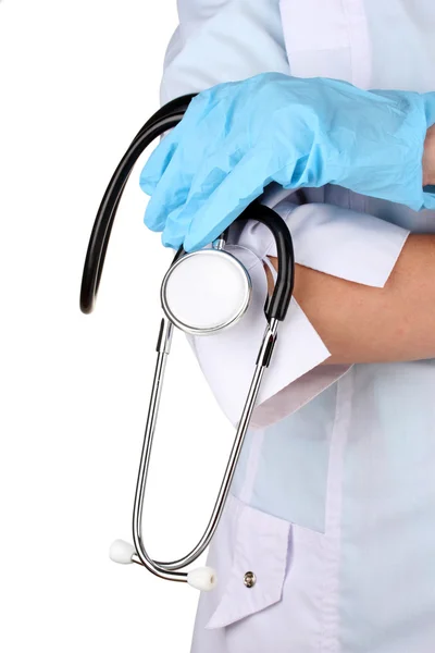 Доктор со стетоскопом в руке. изолированные на белом — стоковое фото