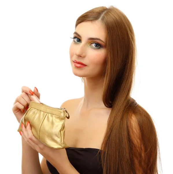 Beautiful young woman with cosmetics bag and lipstick — Stock Photo, Image