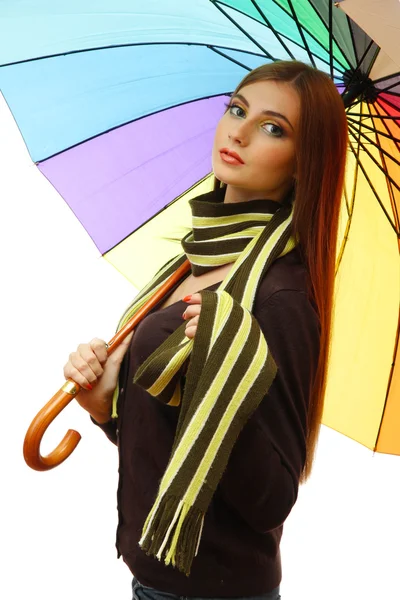 Beautiful young woman with colorful umbrella, isolated on white — Stock Photo, Image