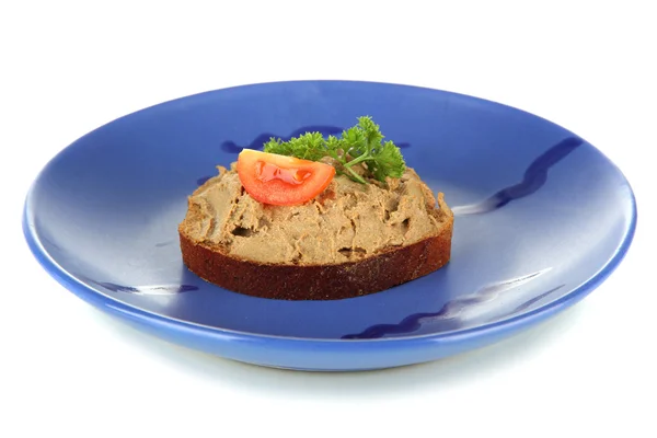 Toastbrot mit Pastete auf farbigem Teller, isoliert auf weißem — Stockfoto