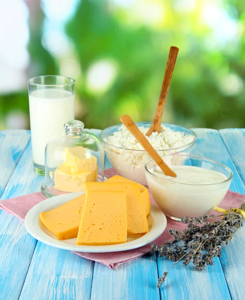 Bicchiere di latte e formaggio su sfondo naturale — Foto Stock