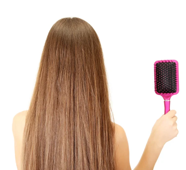 Portrait of beautiful woman with long hair and a hairbrush, isolated on white — Stock Photo, Image