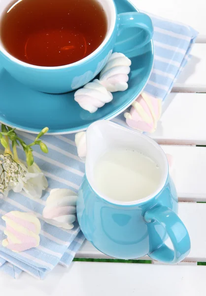 Bela composição de chá na mesa de piquenique de madeira close-up — Fotografia de Stock
