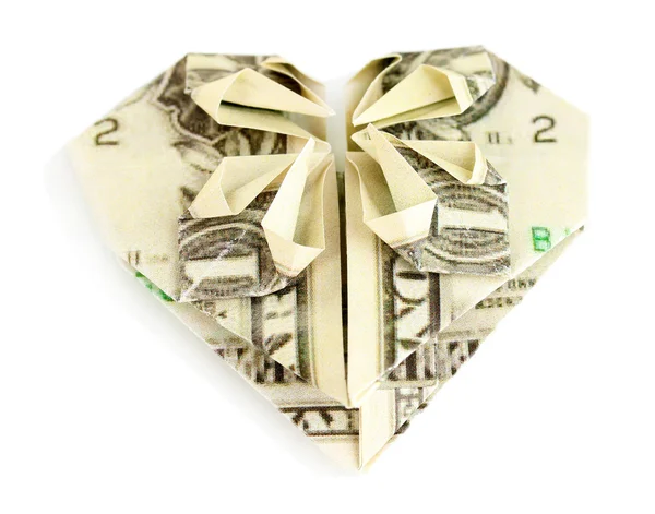 Dollar folded into heart isolated on white — Stock Photo, Image