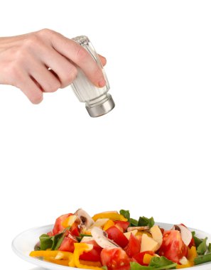 el ekleyerek tuz tuz shaker üzerinde beyaz izole kullanarak