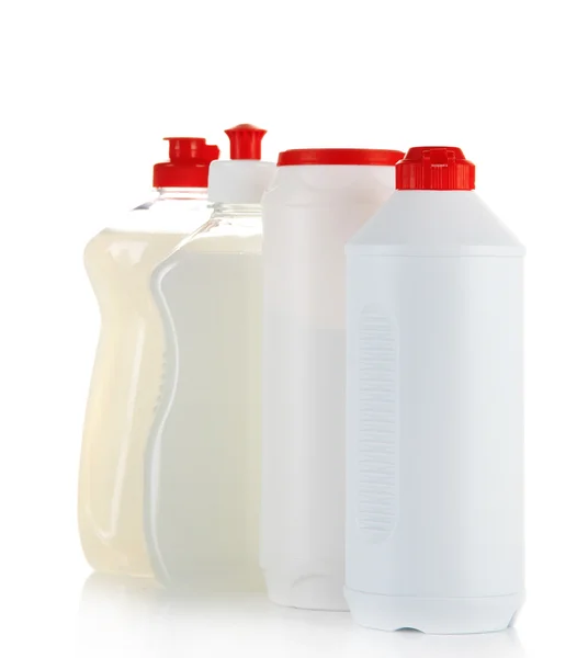Bottles of dishwashing liquid and kitchen cleaner, isolated on white — Stock Photo, Image