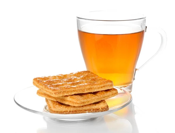 Cup of tea and cookies isolated on white — Stock Photo, Image