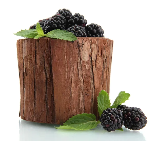 Beautiful blackberries with leaves in wooden vase isolated on white — Stock Photo, Image