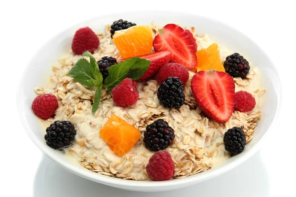 Tasty oatmeal with berries, isolated on white — Stock Photo, Image