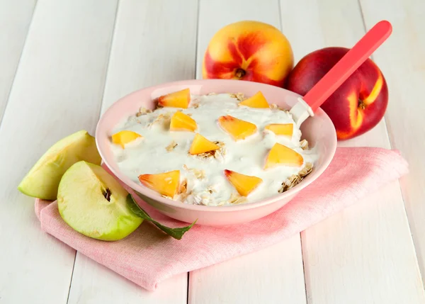 Tasty dieting food, on wooden table — Stock Photo, Image