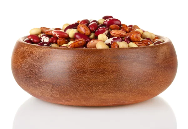 Wooden bowl with beans isolated on white — Stock Photo, Image