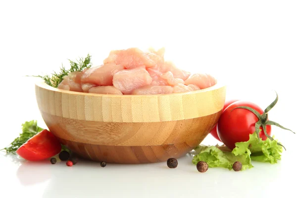 Raw chicken meat in wooden bowl, isolated on white — Stock Photo, Image