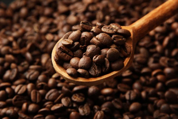 Kaffebönor i träsked, närbild — Stockfoto