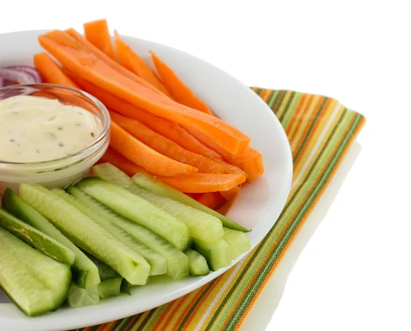 Assorted raw vegetables sticks in plate isolated on white — Stock Photo, Image