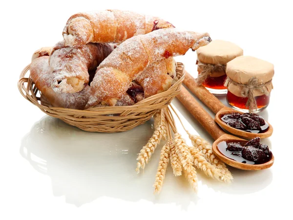 Taste croissants in basket and jam isolated on whit — Stock Photo, Image