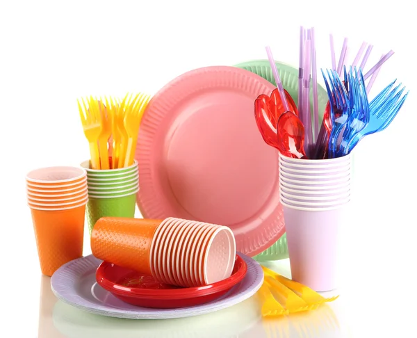 Multicolored plastic tableware isolated on white — Stock Photo, Image