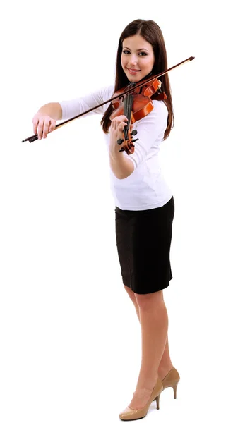 Красива молода дівчина зі скрипкою, ізольована на білому — стокове фото